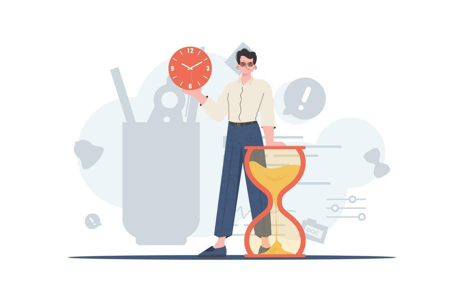 A man stands in full growth and holds a watch in his hands. Time management. Element for presentation. vector