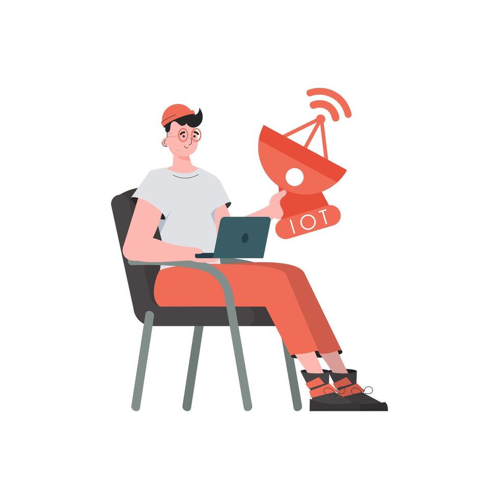 Internet of things and automation concept. The guy is holding a satellite dish in his hands. Isolated. Trendy flat style. Vector illustration.