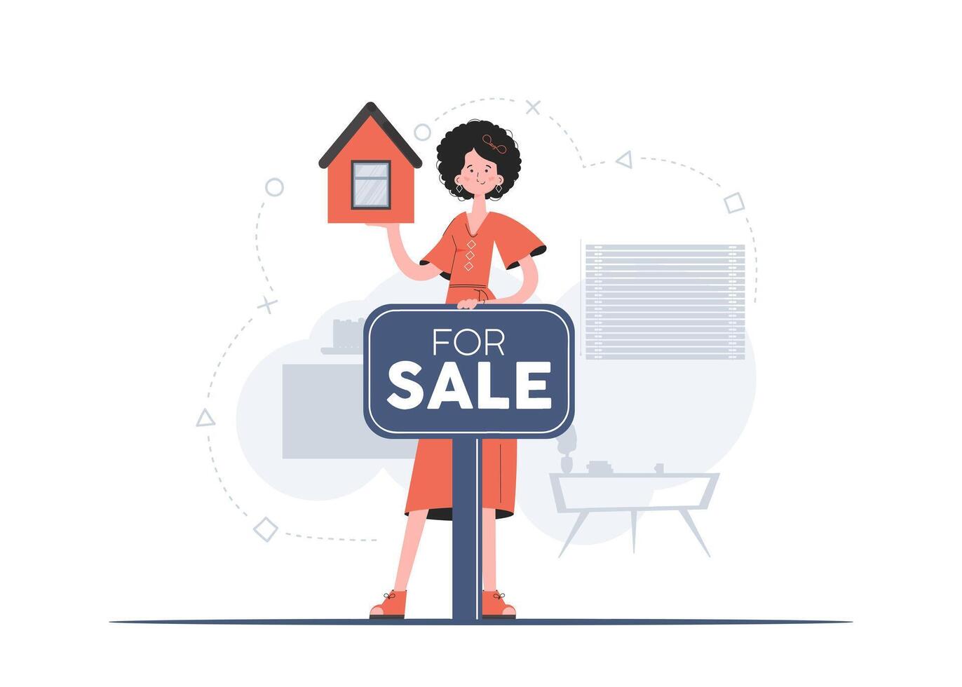 A woman stands in full growth is engaged in the sale of a house. Property For Sale. Flat style. Element for presentations, sites. vector