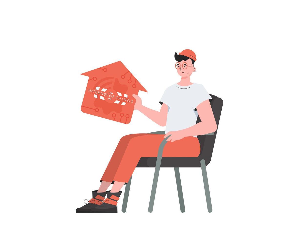A man sits in a chair and holds a house icon in his hands. IoT concept. Isolated. illustration in trendy flat style. vector