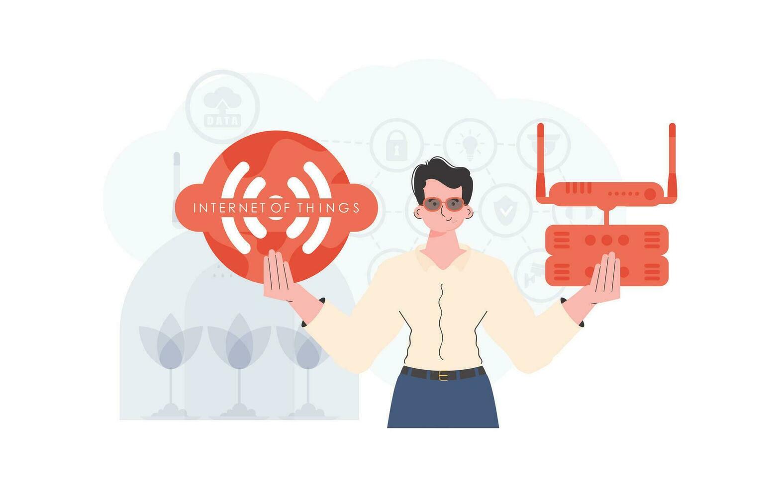 Internet of things and automation concept. A man is holding an internet thing icon in her hands. Router and server. Good for presentations and websites. Trendy flat style. Vector illustration.