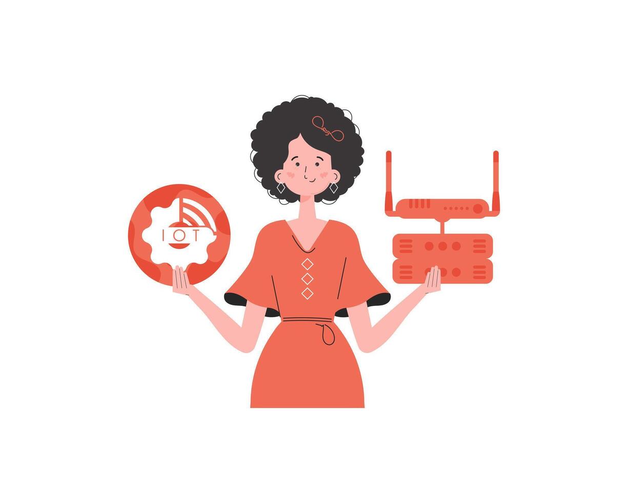 A woman holds the internet of things logo in her hands. Router and server. Internet of things concept. Isolated. Trendy flat style. illustration. vector