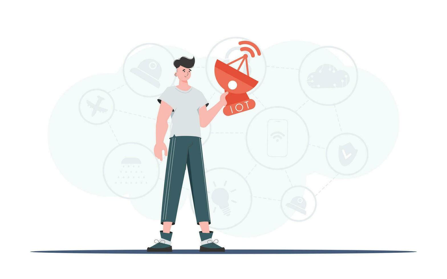 A man holds a satellite dish in his hands. IoT concept. Good for presentations, websites and typography. Vector illustration in trendy flat style.