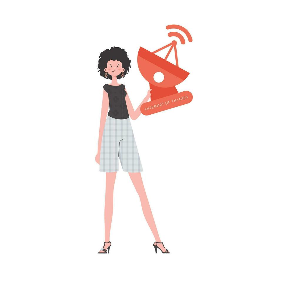 iot y automatización concepto. un mujer sostiene un satélite plato en su manos. aislado. vector ilustración en de moda plano estilo.