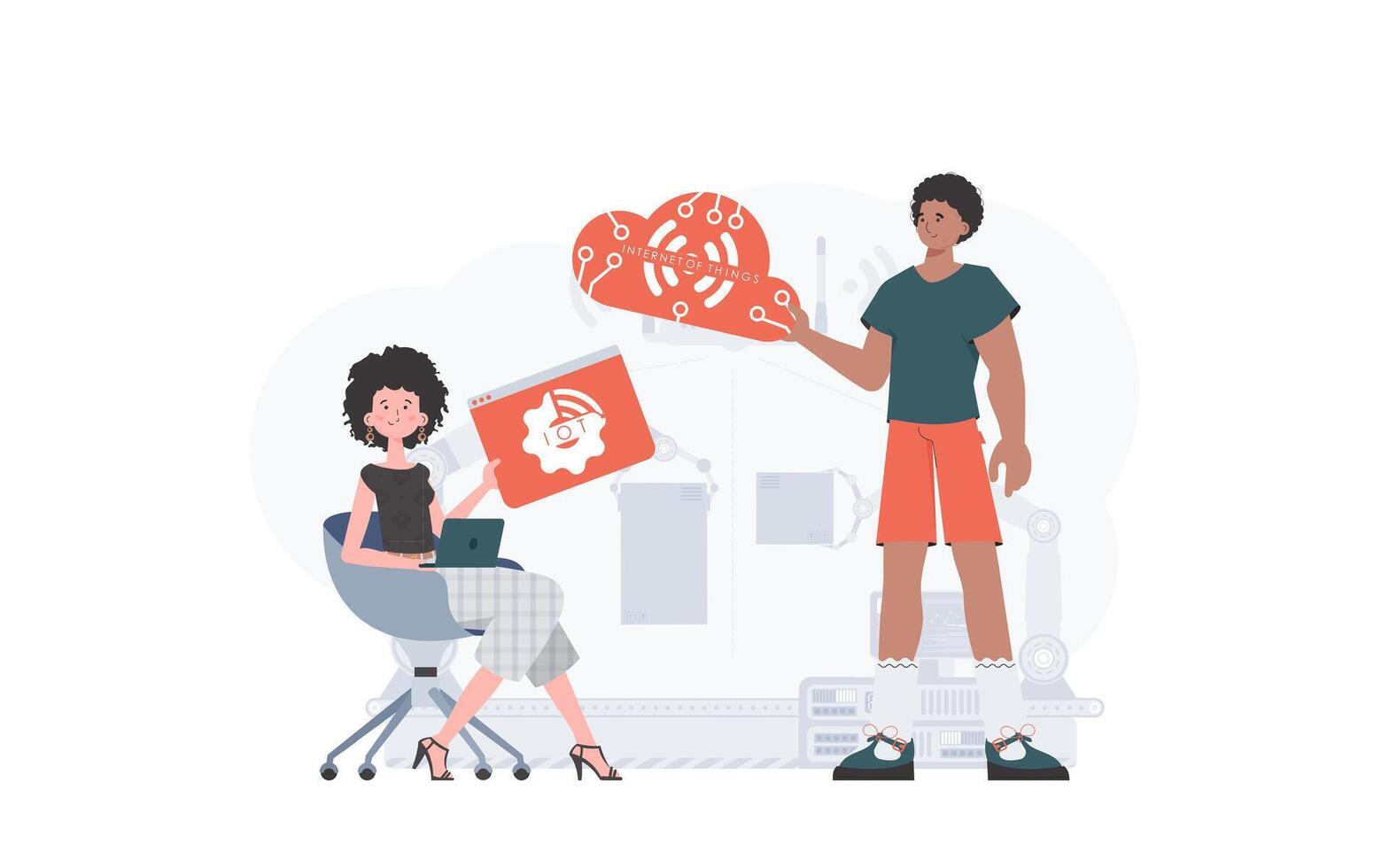 A man and a woman are a team in the field of the Internet of things. IOT and automation concept. Good for presentations and websites. Vector illustration.