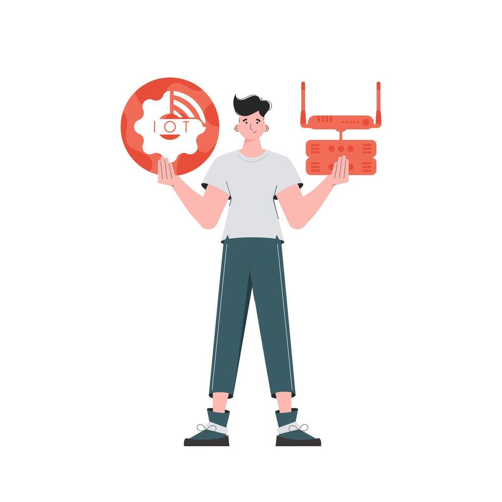 un hombre sostiene un Internet cosa icono en su manos. enrutador y servidor. Internet de cosas concepto. aislado. de moda plano estilo. vector. vector