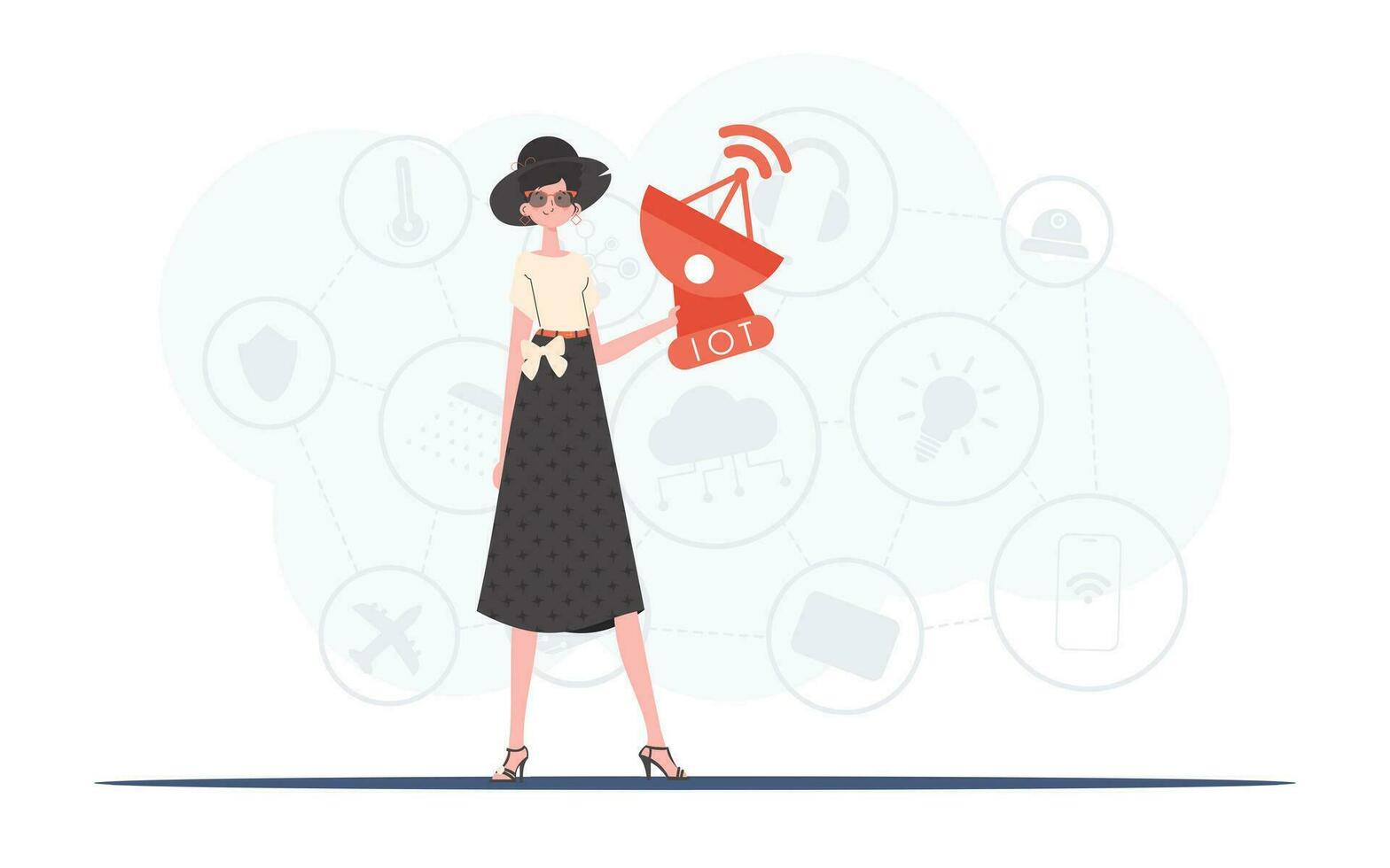 A woman holds a satellite dish in her hands. IoT concept. Good for presentations, websites and typography. Trendy flat style. Vector illustration.