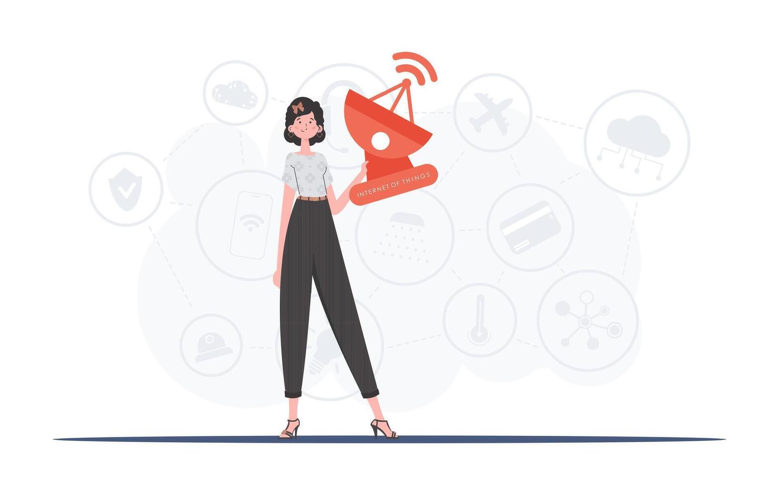 A woman holds a satellite dish in her hands. Internet of things concept. Good for presentations and websites. Trendy flat style. Vector illustration.