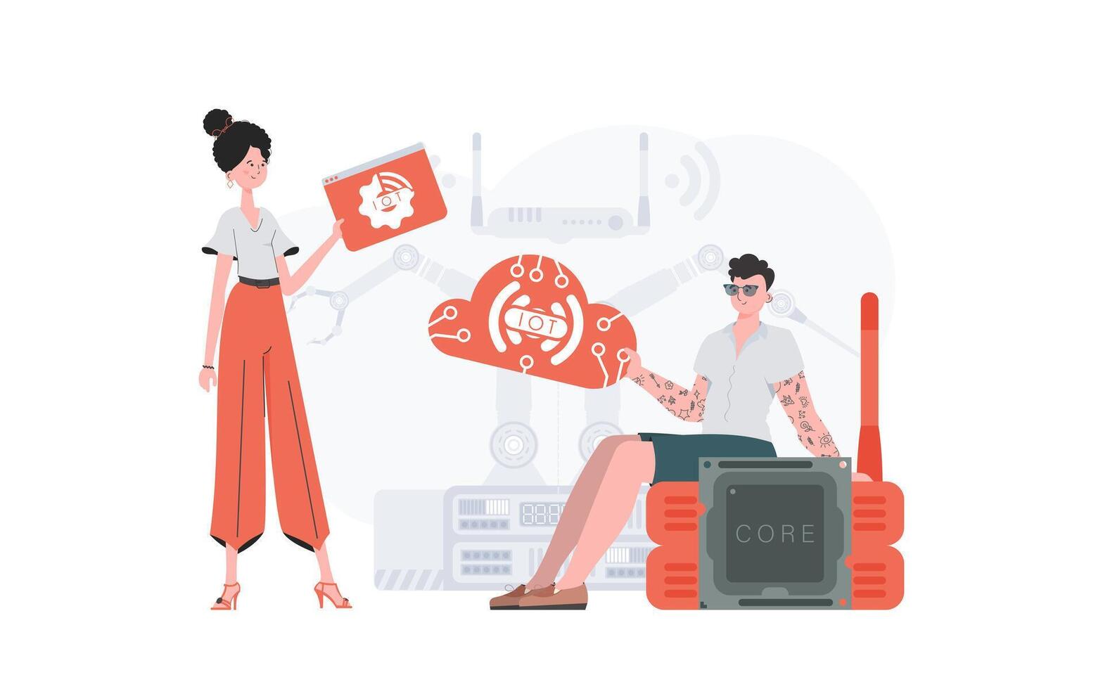 A man and a woman are a team in the field of the Internet of things. IoT concept. Good for presentations and websites. Vector illustration.