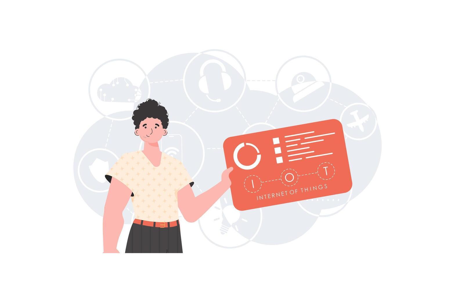 Internet of things and automation concept. A man holds a panel with analyzers and indicators in his hands. Good for websites and presentations. Trendy flat style. . vector