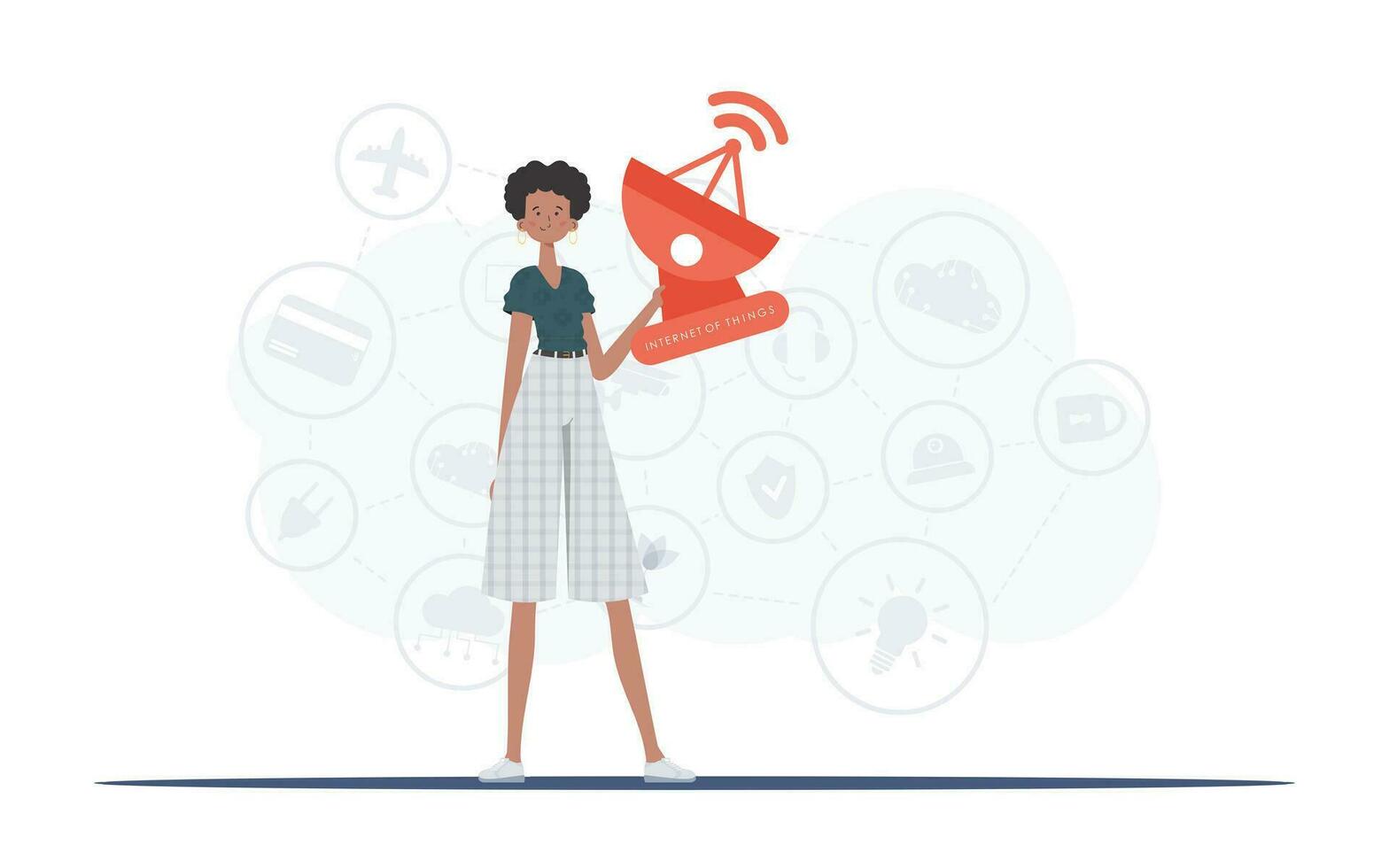 A woman holds a satellite dish in her hands. Internet of things concept. Good for presentations and websites. Vector illustration in trendy flat style.