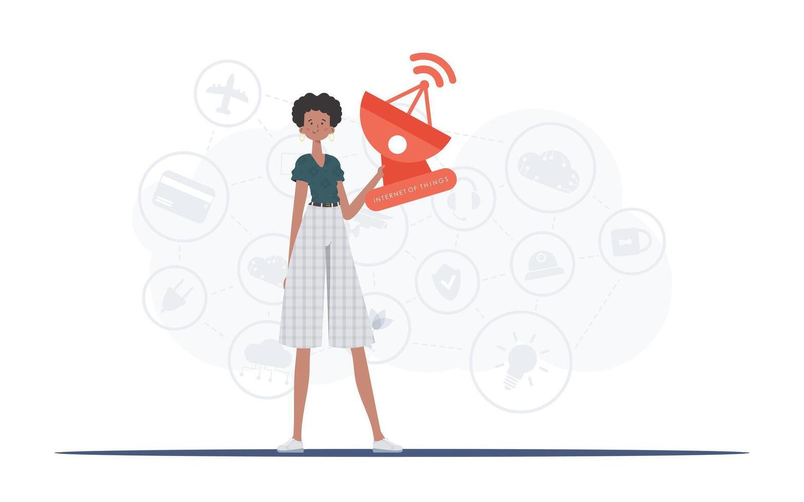 A woman holds a satellite dish in her hands. Internet of things concept. Good for presentations and websites. Vector illustration in trendy flat style.