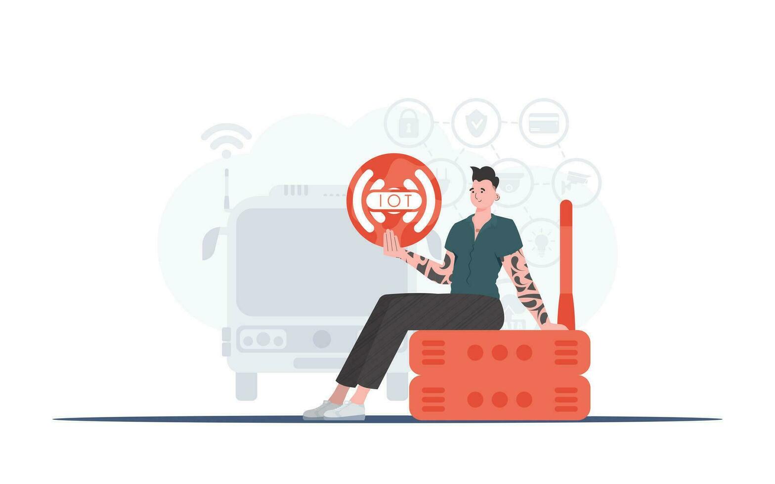 iot concepto. un hombre es participación un Internet cosa icono en su manos. enrutador y servidor. bueno para sitios web y presentaciones vector ilustración en plano estilo.