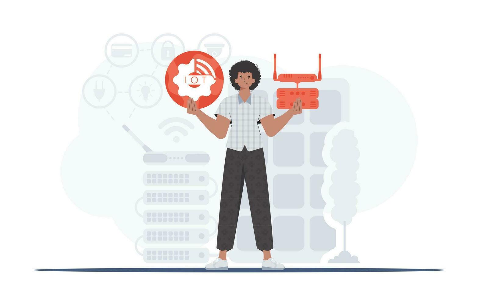 Internet of things concept. A man is holding an internet thing icon in her hands. Router and server. Good for presentations and websites. Vector illustration in trendy flat style.