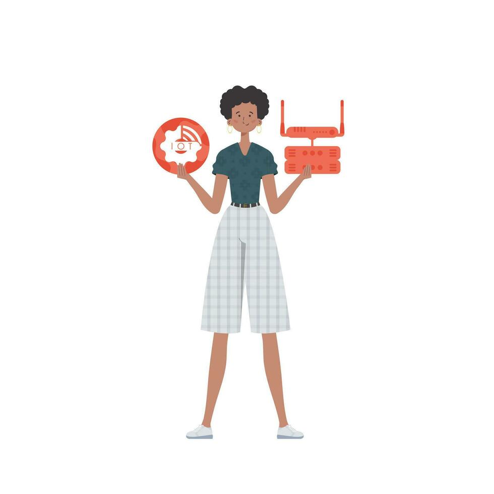 A woman holds the internet of things logo in her hands. Router and server. IOT and automation concept. Isolated. Trendy flat style. Vector illustration.