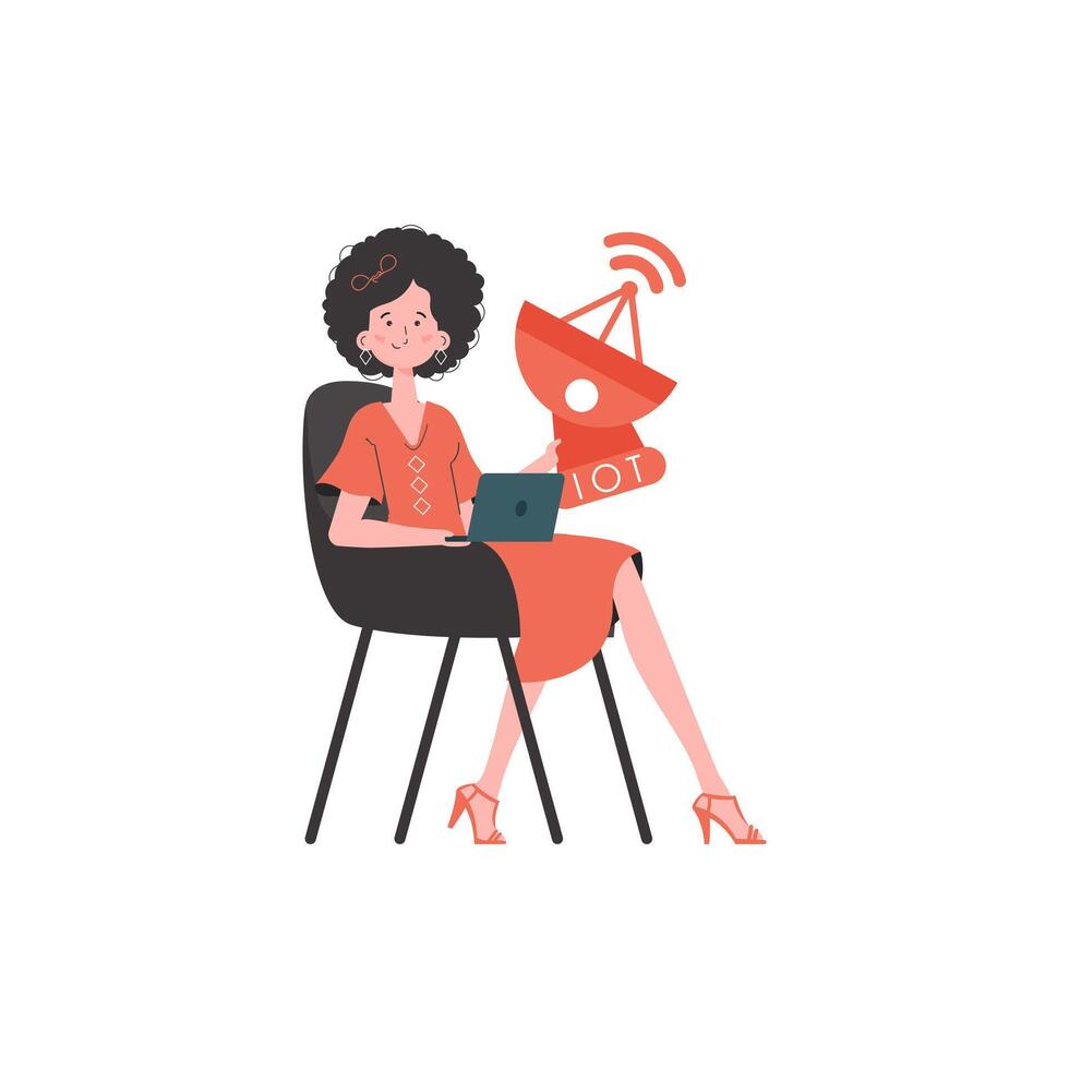 Internet of things concept. A woman holds a satellite dish in her hands. Isolated. Vector illustration in trendy flat style.