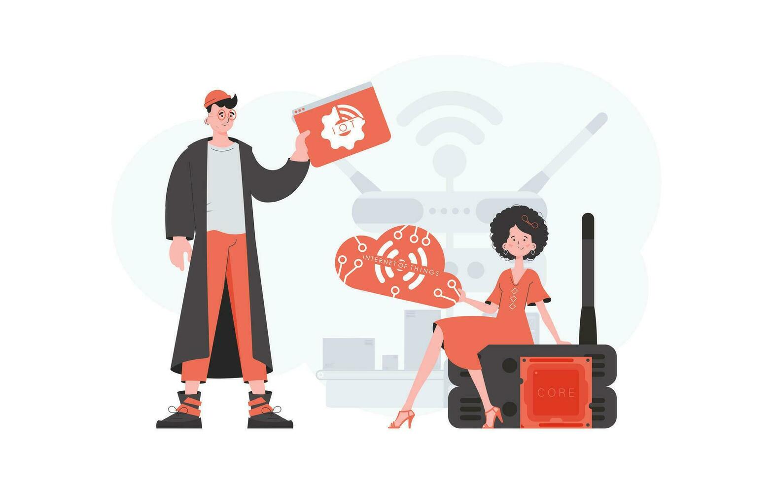 un hombre y un mujer son un equipo en el campo de el Internet de cosas. Internet de cosas y automatización concepto. bueno para sitios web y presentaciones vector ilustración en plano estilo.