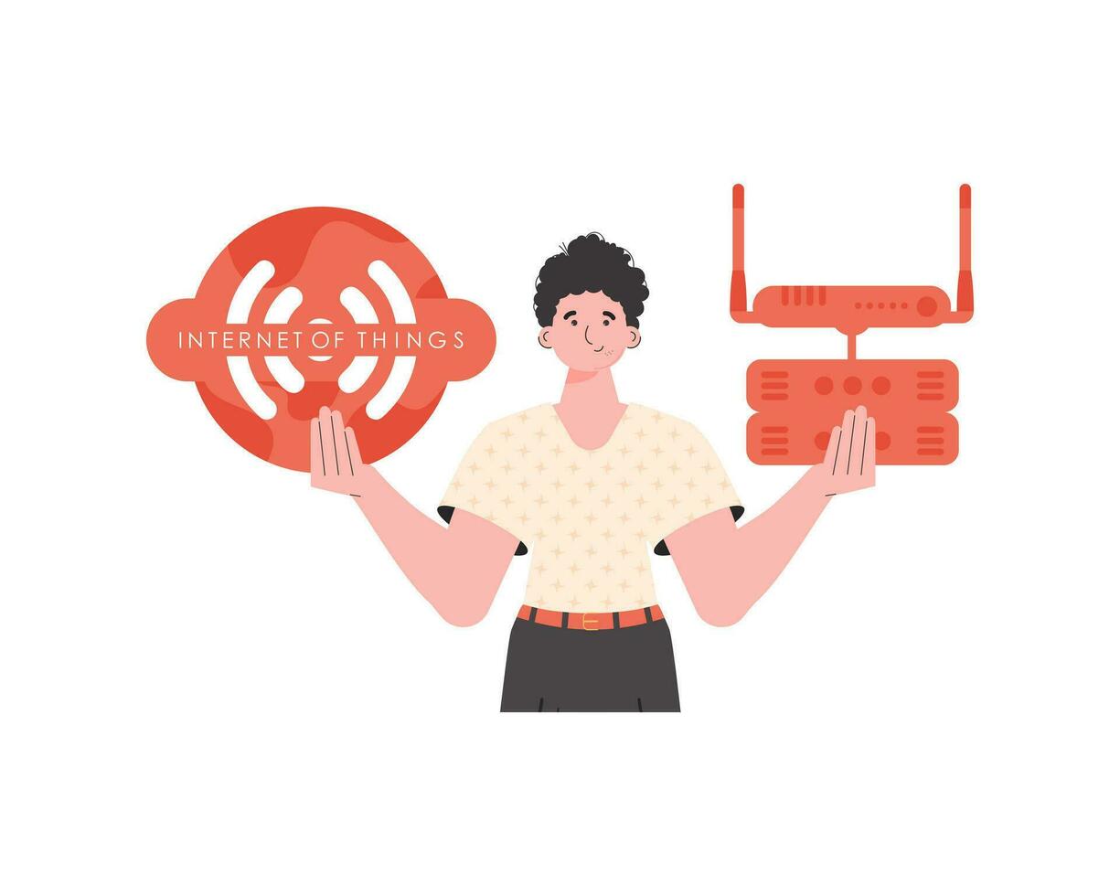 A man holds the internet of things logo in his hands. Router and server. IoT concept. Isolated. Vector illustration in trendy flat style.