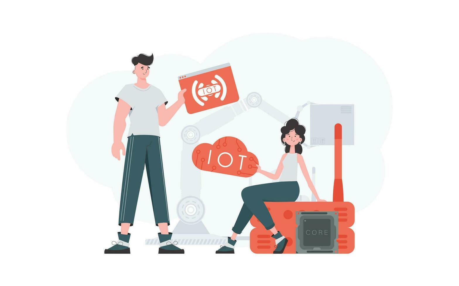 A man and a woman are a team in the field of the Internet of things. Internet of things and automation concept. Good for websites and presentations. Trendy flat style. Vector. vector