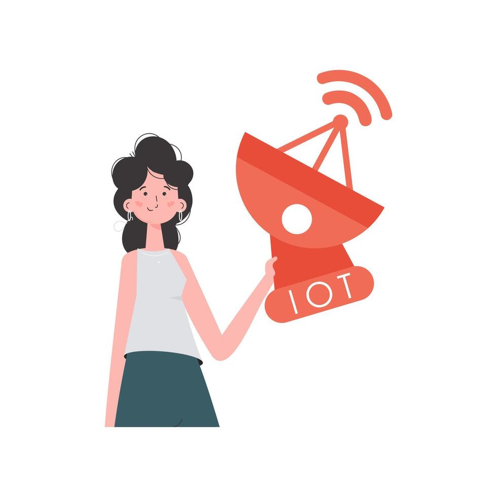 IoT concept. A woman holds a satellite dish in her hands. Isolated on white background. Trendy flat style. illustration. vector