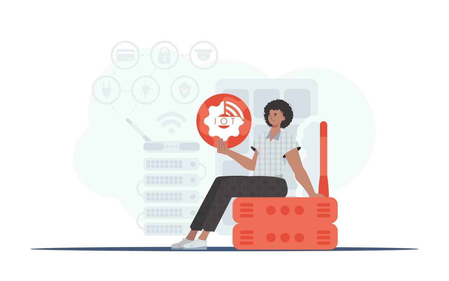 IoT concept. A man is holding an internet thing icon in her hands. Router and server. Good for presentations and websites. Vector illustration in flat style.