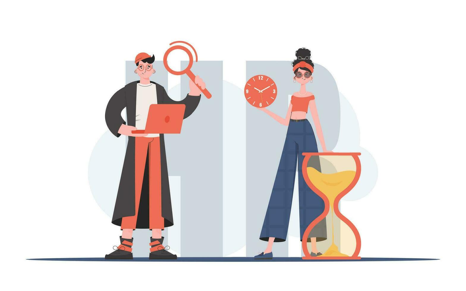 A man and a woman stand in full growth and hold a watch and a magnifying glass in their hands. Human resource. Element for presentation. vector