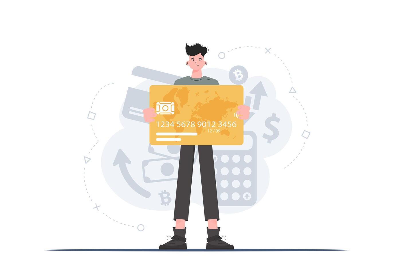 A man stands in full growth holding a credit card in his hands. Deposit. Flat style. Element for presentations, sites. vector