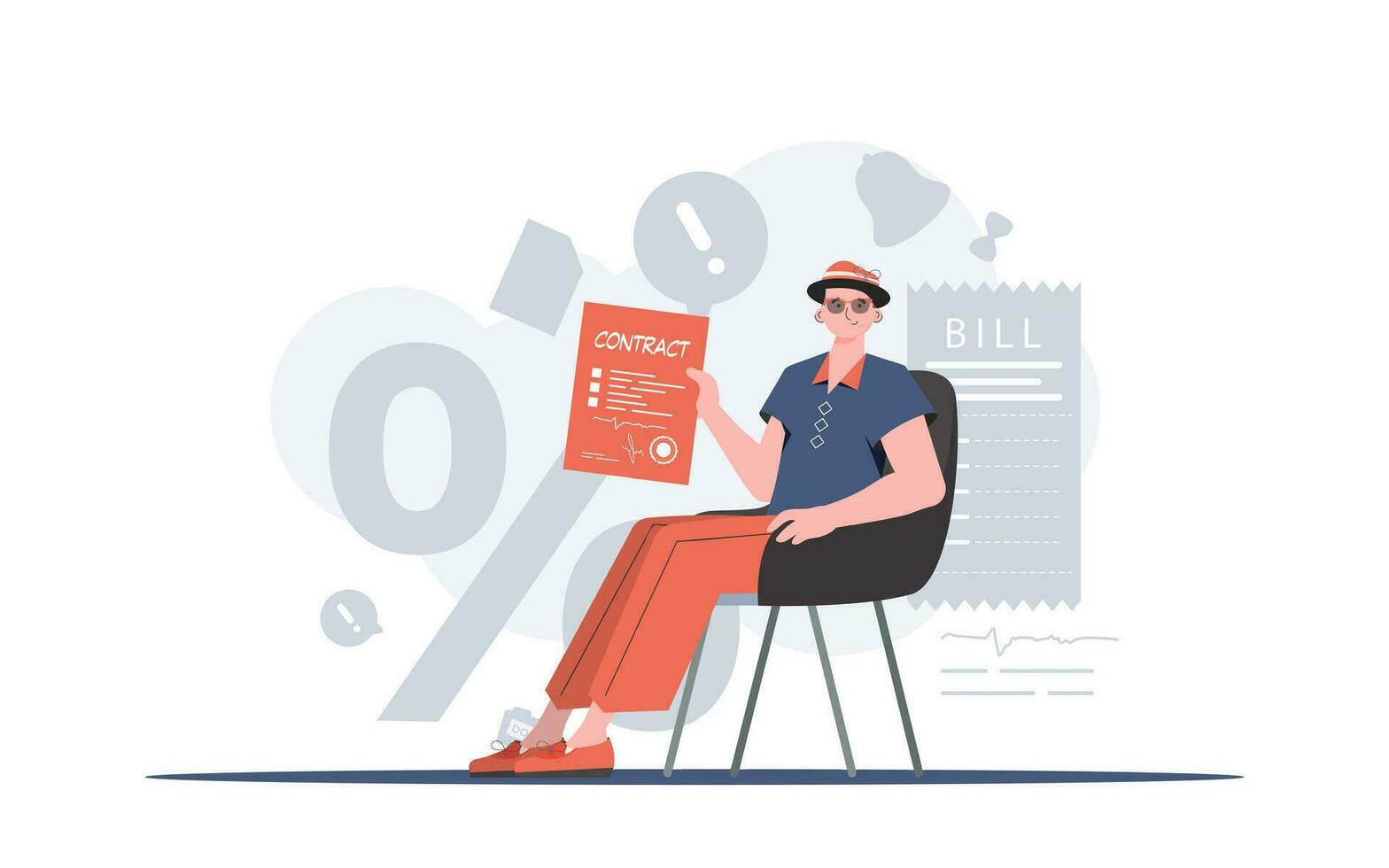 A man sits in a chair and holds a contract in his hands. The concept of concluding contracts. Vector illustration.