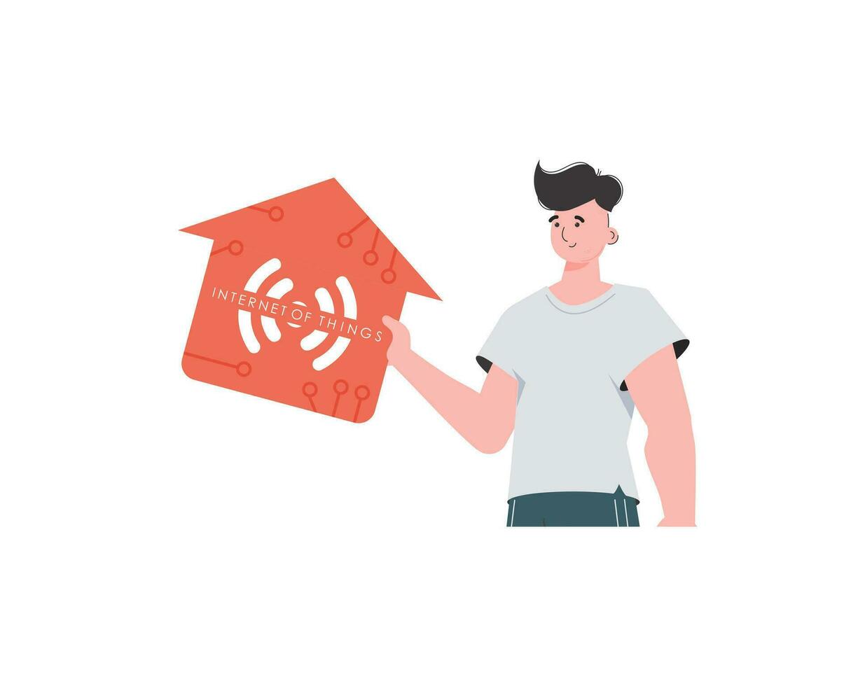 Internet of things concept. The guy is shown to the waist. A man holds an icon of a house in his hands. Isolated on white background. Vector illustration in trendy flat style.
