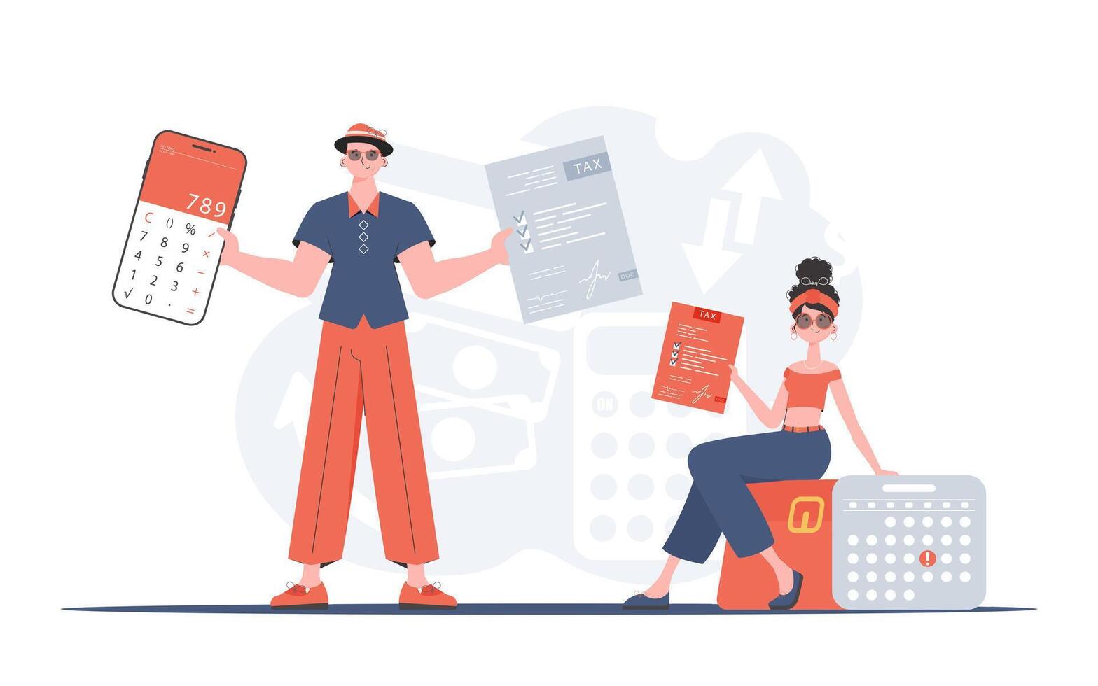 A man and a woman are holding a calculator and a tax document in their hands. Taxes. Element for presentations. vector