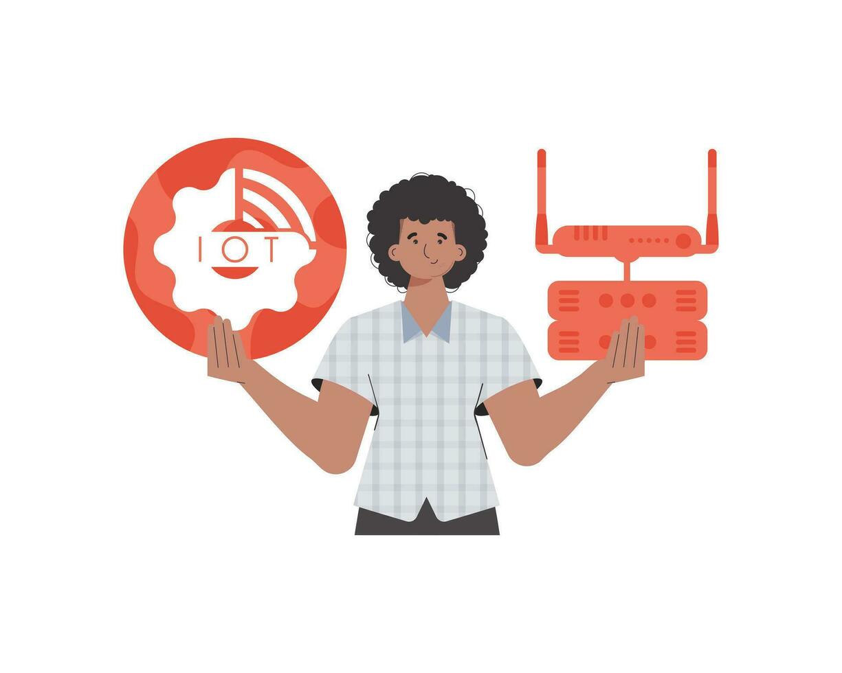 A man holds an internet thing icon in his hands. Router and server. IoT concept. Isolated. Vector illustration in flat style.