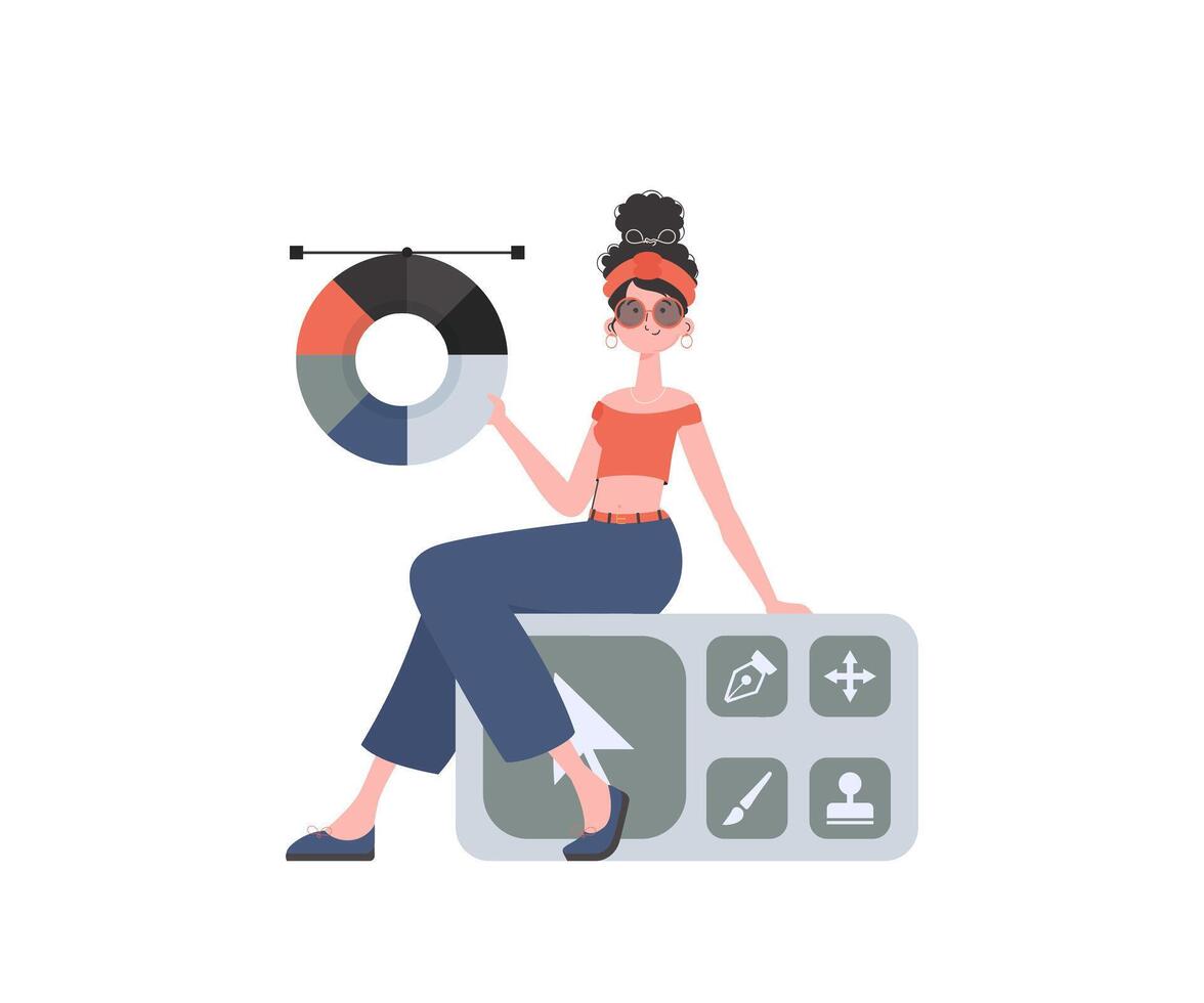 A woman sits with a color wheel in her hands. Isolated. Element for presentation. vector