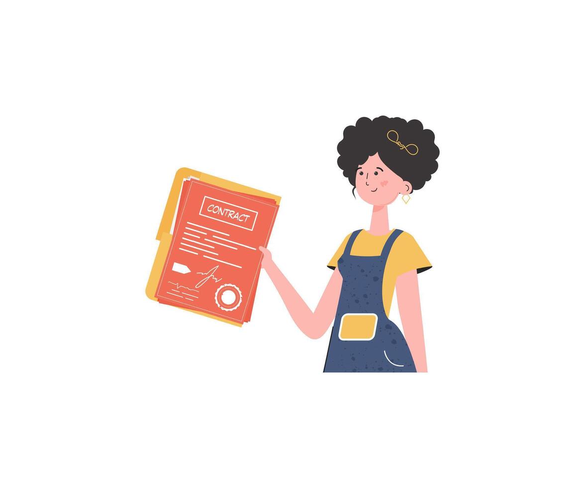 The woman is holding a contract in her hands. The character is depicted to the waist. Isolated on white background. Trend style, illustration. vector