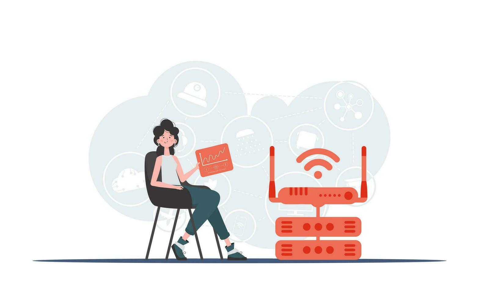 Internet of things concept. A woman sits in a chair and holds a panel with analyzers and indicators in her hands. Good for websites and presentations. Vector illustration in flat style.