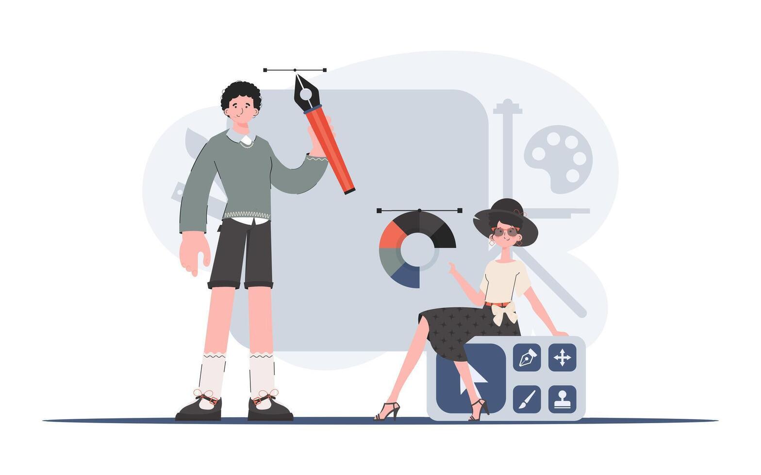 A woman is sitting with a color palette, a man is standing next to him and holding a pen tool. Design. Element for presentation. vector