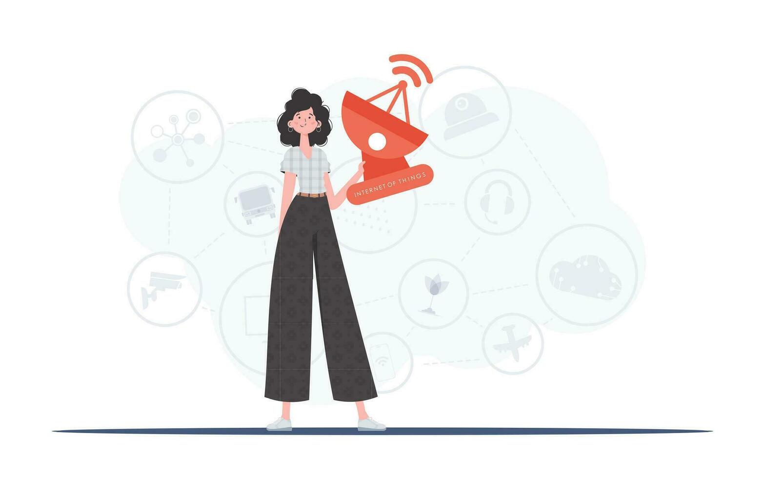 un mujer sostiene un satélite plato en su manos. Internet de cosas concepto. bueno para presentaciones, sitios web y tipografía. vector ilustración en de moda plano estilo.