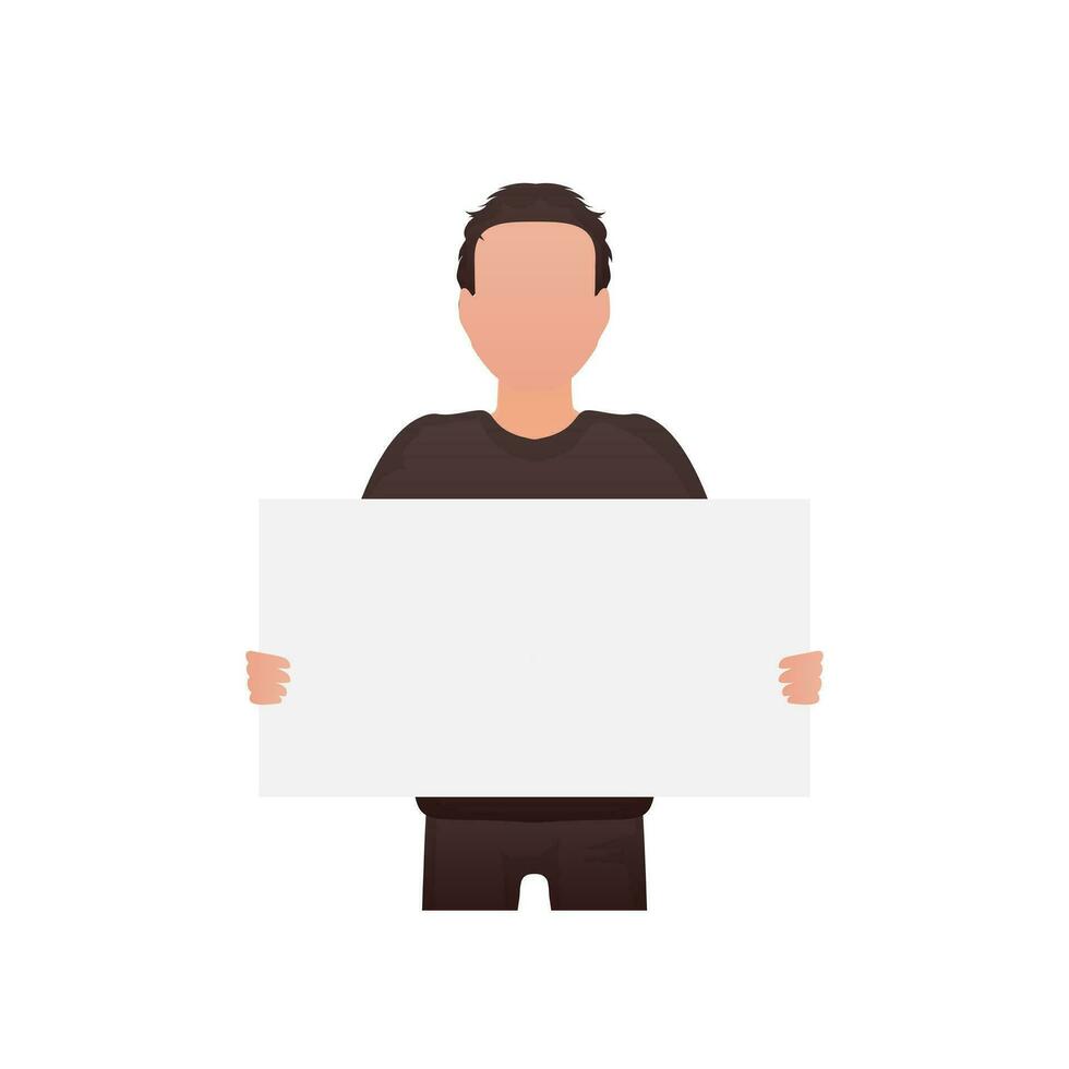 A man holds an empty tablet in his hands. Isolated. Cartoon style. vector