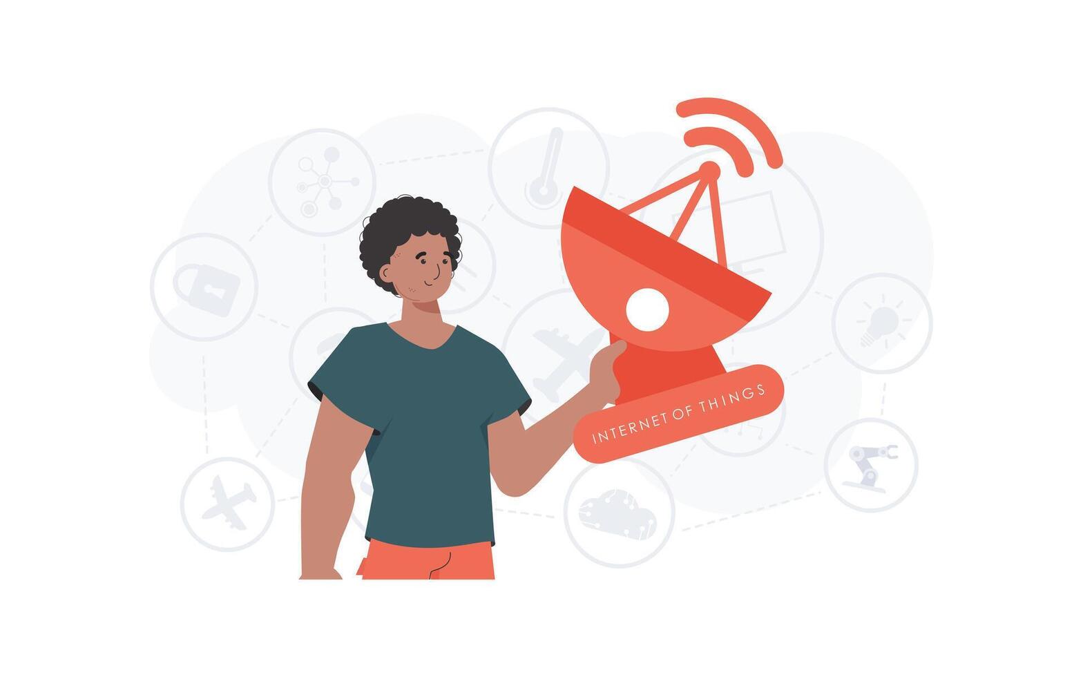 A man holds a satellite dish in his hands. Internet of things concept. Good for presentations, websites and typography. Vector illustration in flat style.