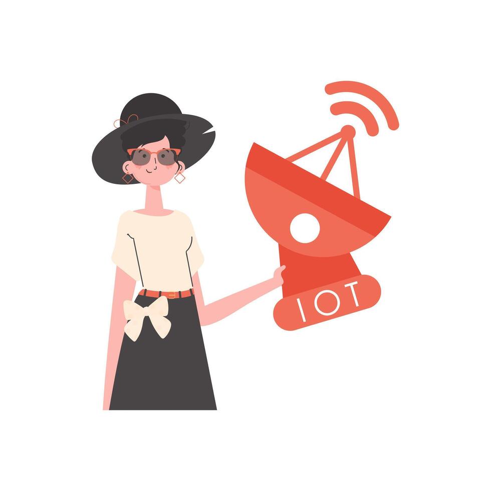 Internet de cosas y automatización concepto. un mujer sostiene un satélite plato en su manos. aislado. de moda plano estilo. vector ilustración.