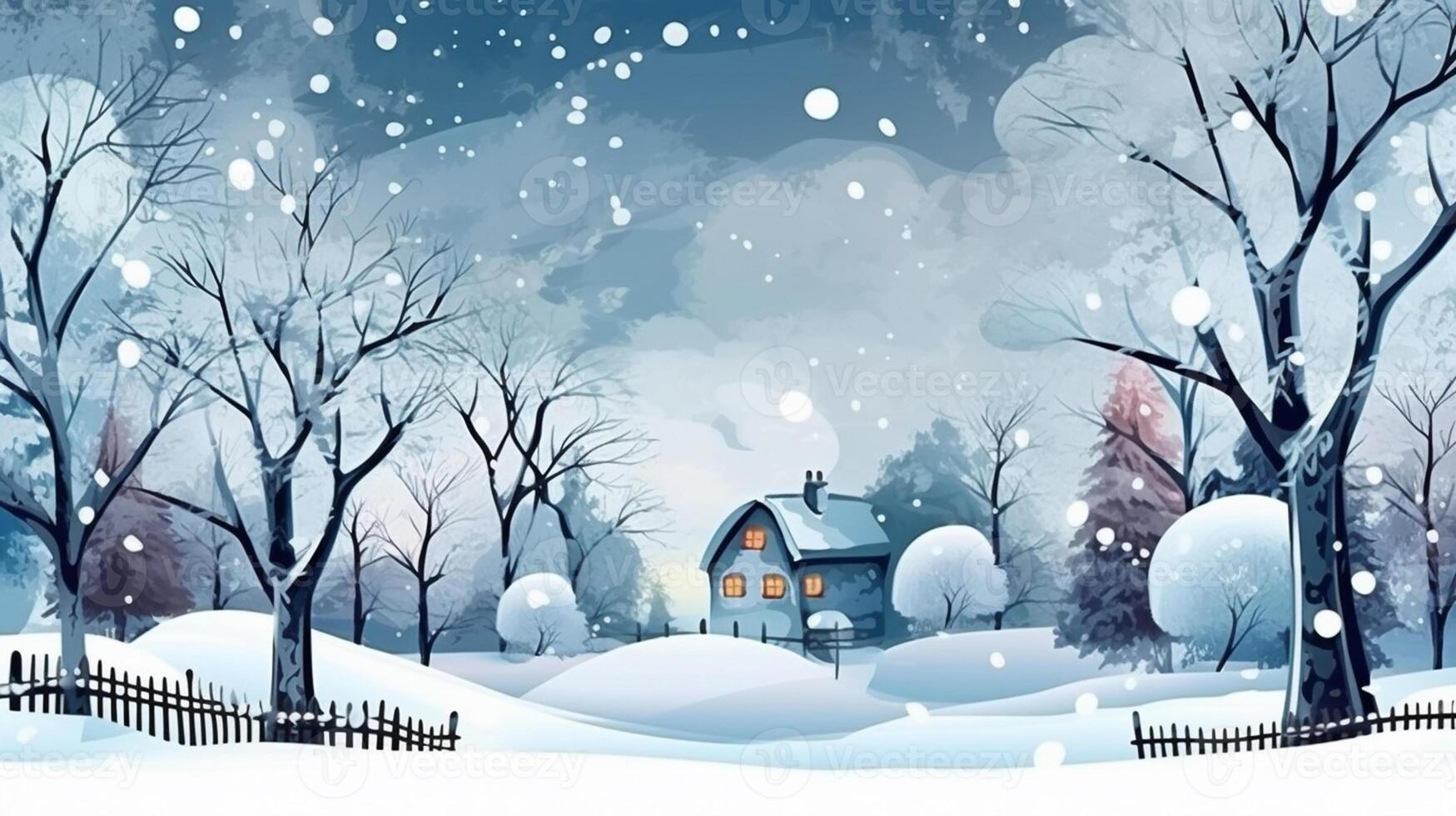 Winter, festive, Christmas background. In a whimsical vintage illustration, a merry scene unfolded at home on a magical winter night, with snowflakes swirling in the air with photo