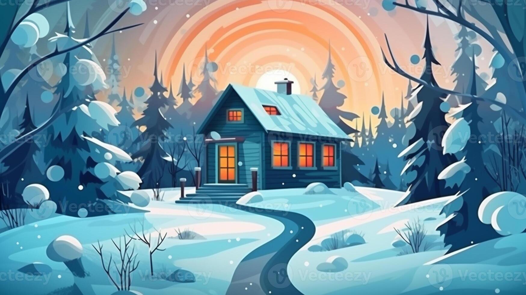 Winter, festive, Christmas background. In a whimsical vintage illustration, a merry scene unfolded at home on a magical winter night, with snowflakes swirling in the air with photo