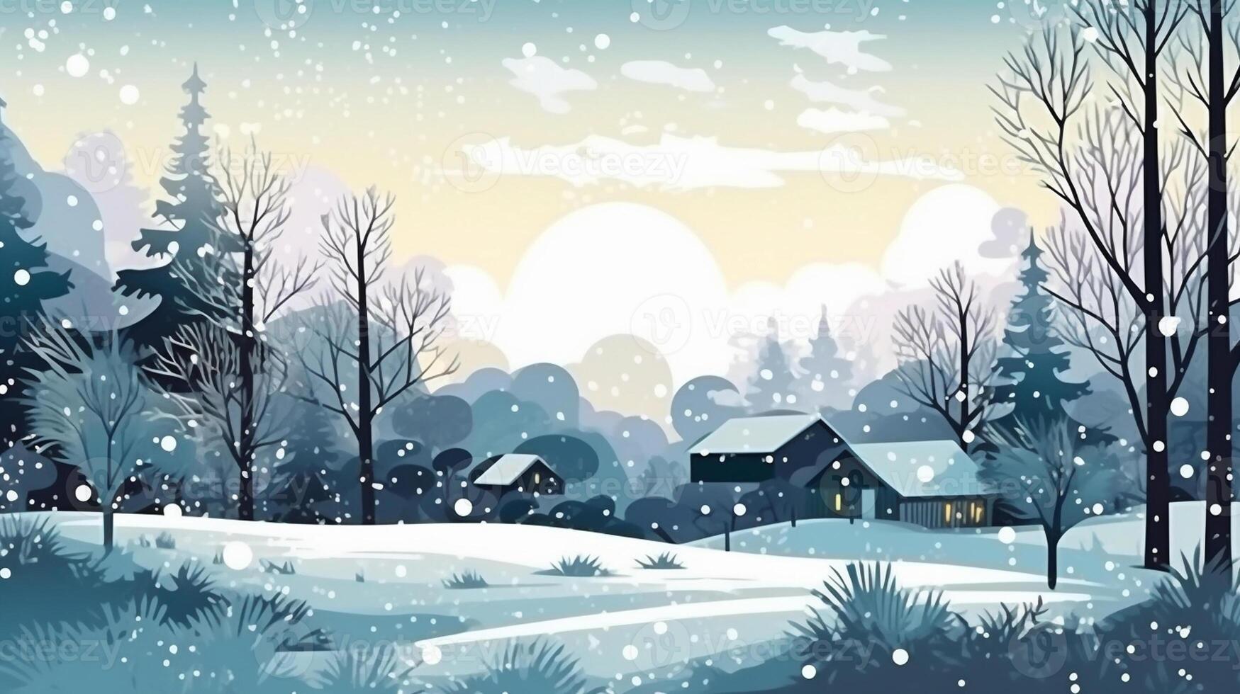 Winter, festive, Christmas background. In a whimsical vintage illustration, a merry scene unfolded at home on a magical winter night, with snowflakes swirling in the air with AI Generative photo