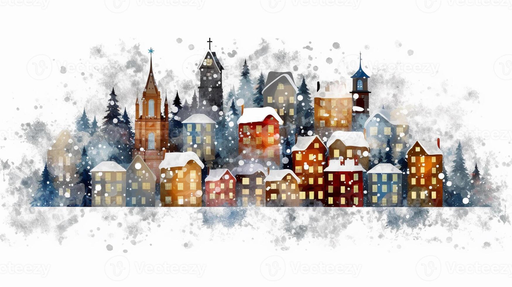 Winter, festive, Christmas background. In a whimsical vintage illustration, a merry scene unfolded at home on a magical winter night, with snowflakes swirling in the air with AI Generative photo