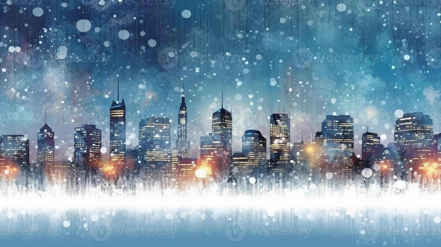 Winter, festive, Christmas background. In a whimsical vintage illustration, a merry scene unfolded at home on a magical winter night, with snowflakes swirling in the air with photo