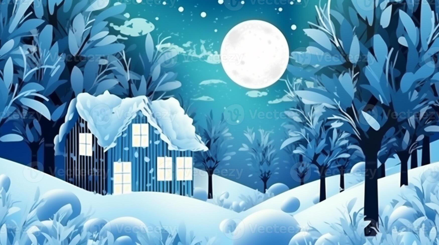 Winter, festive, Christmas background. In a whimsical vintage illustration, a merry scene unfolded at home on a magical winter night, with snowflakes swirling in the air with AI Generative photo