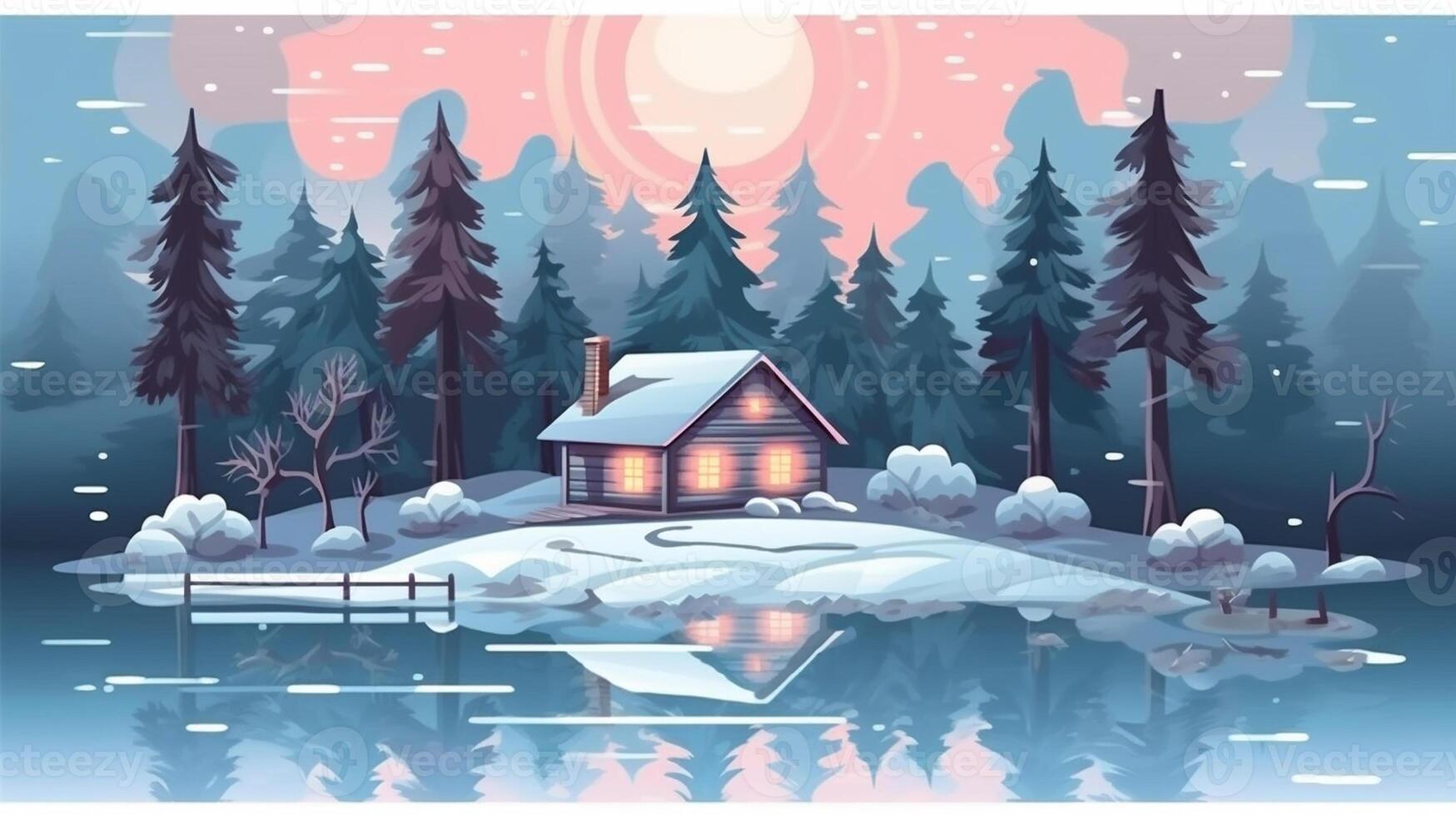 Winter, festive, Christmas background. In a whimsical vintage illustration, a merry scene unfolded at home on a magical winter night, with snowflakes swirling in the air with photo
