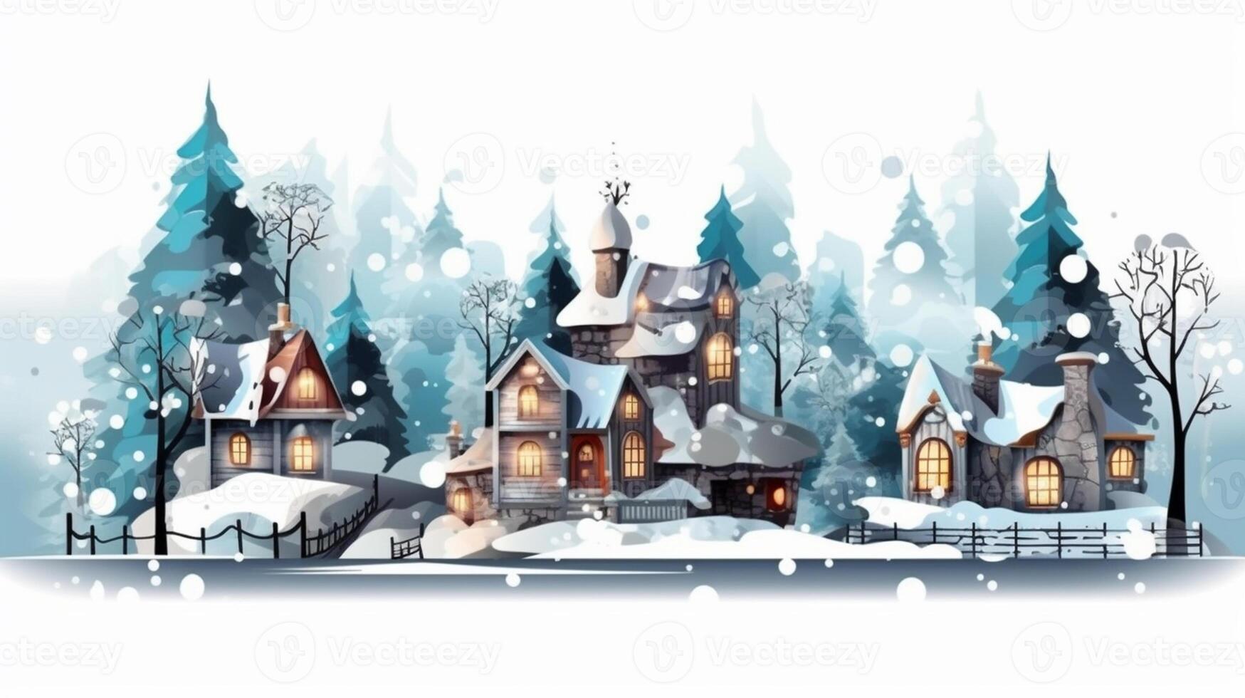 Winter, festive, Christmas background. In a whimsical vintage illustration, a merry scene unfolded at home on a magical winter night, with snowflakes swirling in the air with AI Generative photo