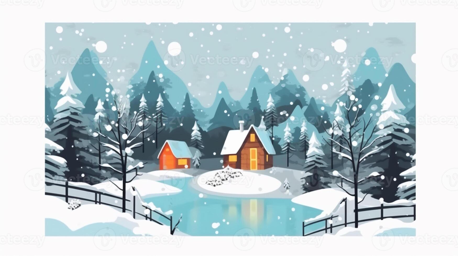 Winter, festive, Christmas background. In a whimsical vintage illustration, a merry scene unfolded at home on a magical winter night, with snowflakes swirling in the air with photo