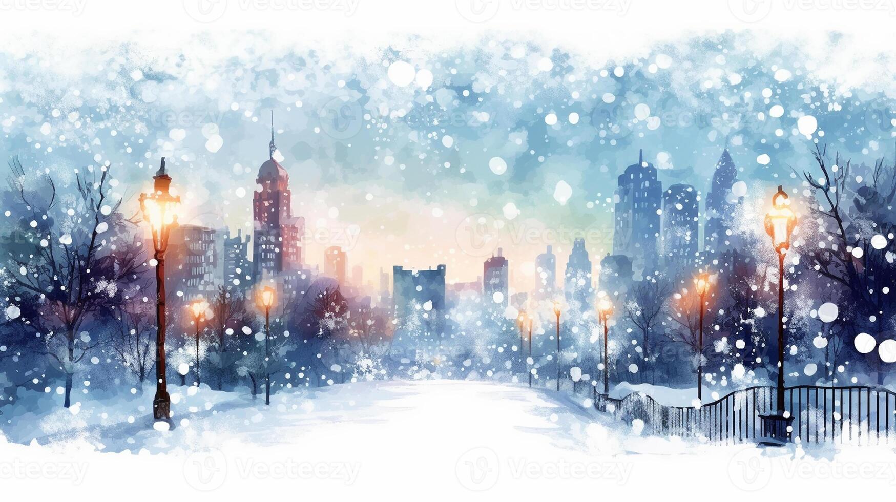 Winter, festive, Christmas background. In a whimsical vintage illustration, a merry scene unfolded at home on a magical winter night, with snowflakes swirling in the air with AI Generative photo