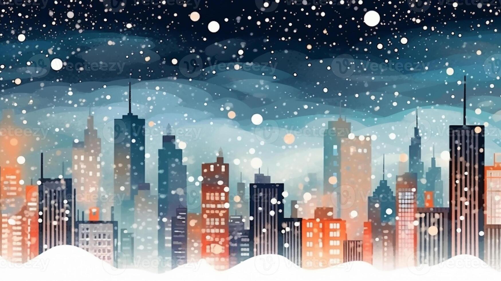 Winter, festive, Christmas background. In a whimsical vintage illustration, a merry scene unfolded at home on a magical winter night, with snowflakes swirling in the air with photo